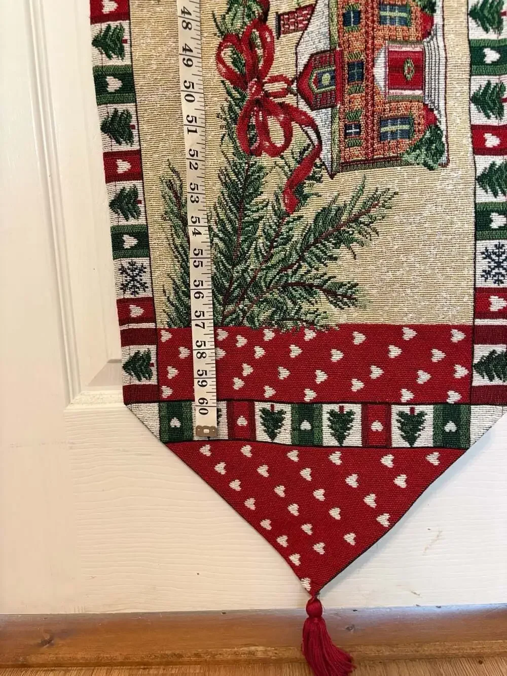 EUC Christmas Tapestry Table Runner Size 74x13 Red Green House Pine Trees Tassel